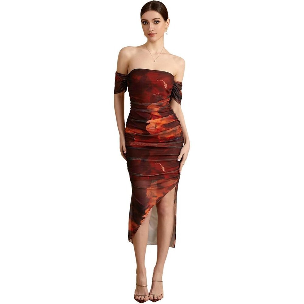 Women's Tie Dye Mesh Dress Off Shoulder Ruched Short Sleeve Asymmetrical Hem